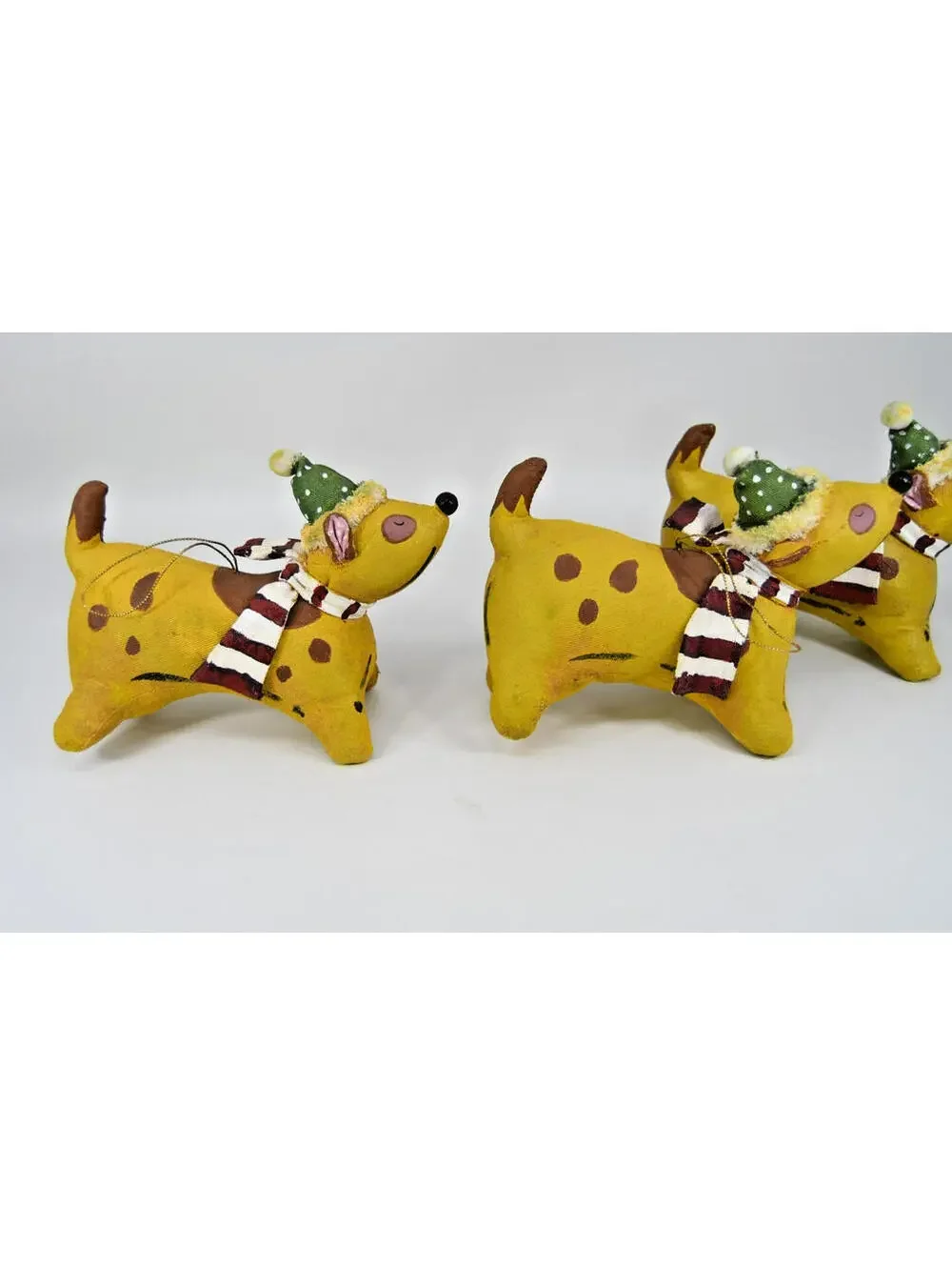VTG Fabric Mache Christmas Ornament Spotted Dog Pup Scarf Hat Painted Hard Plush